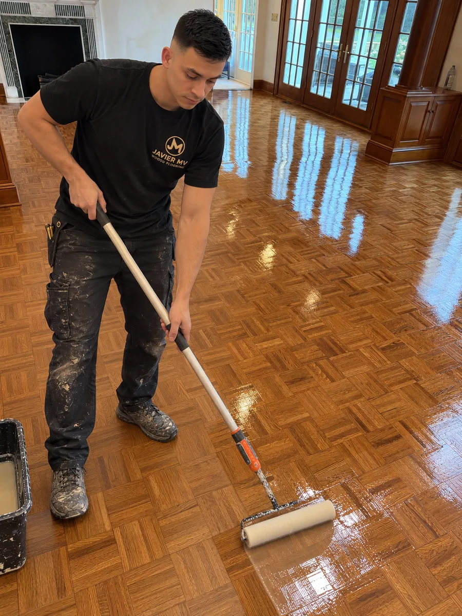Javier Martínez rolling the final coat of finish on a parquet floor